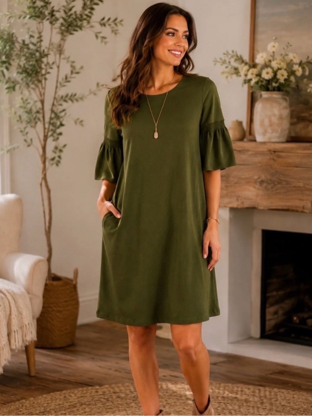Agnes & Dora Olive Green Ruffle Sleeve Shift Dress - Women